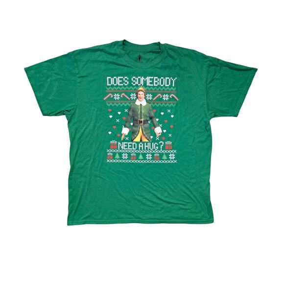 Elf “Does Somebody Need A Hug?” Graphic Tee Men’s XL Green Cotton Holiday Shirt - Picture 1 of 5